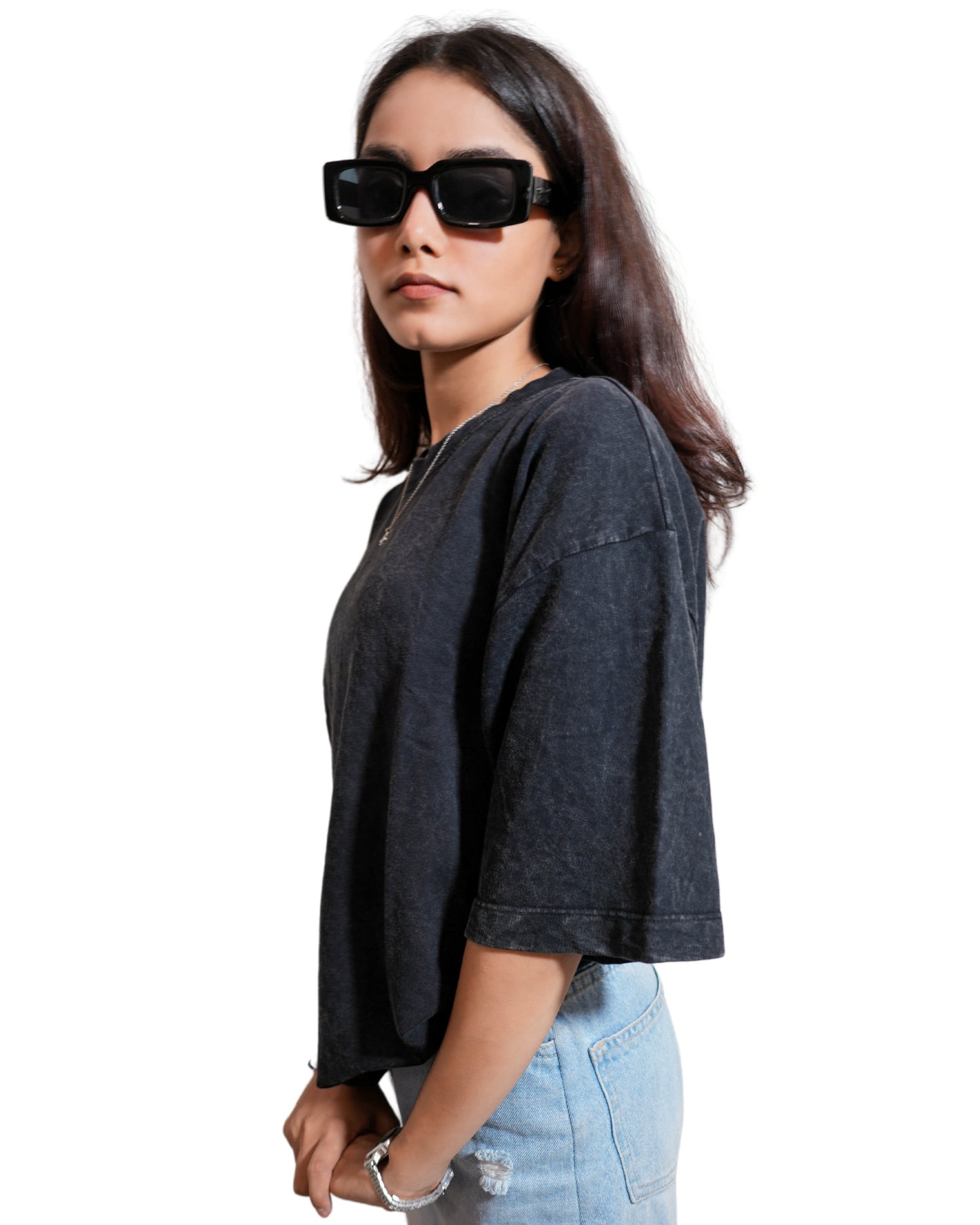 REBORN BLACK: Glimzen Premium Oversized Tee Acid-Washed Black