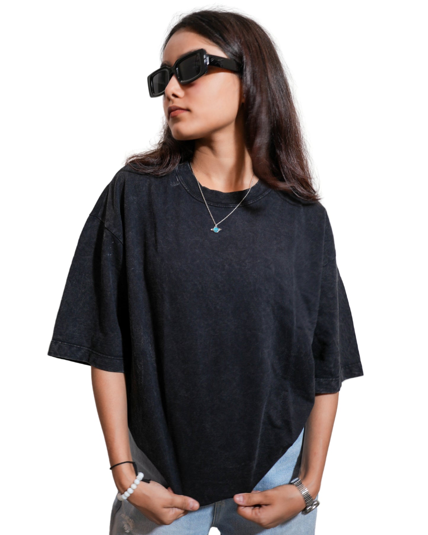 REBORN BLACK: Glimzen Premium Oversized Tee Acid-Washed Black