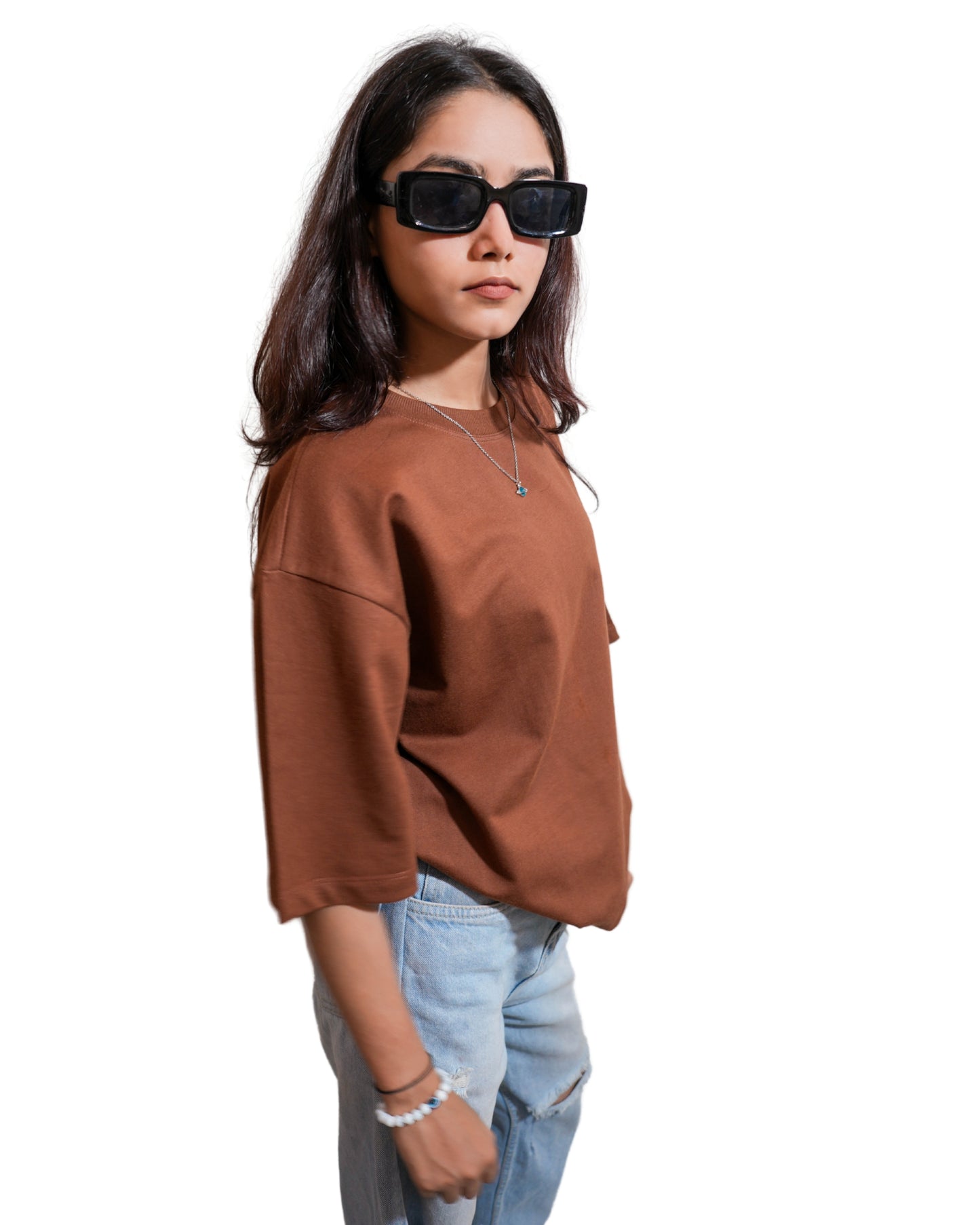 BROWN BLAZE: Glimzen Premium Oversized Tee Chocolate Brown