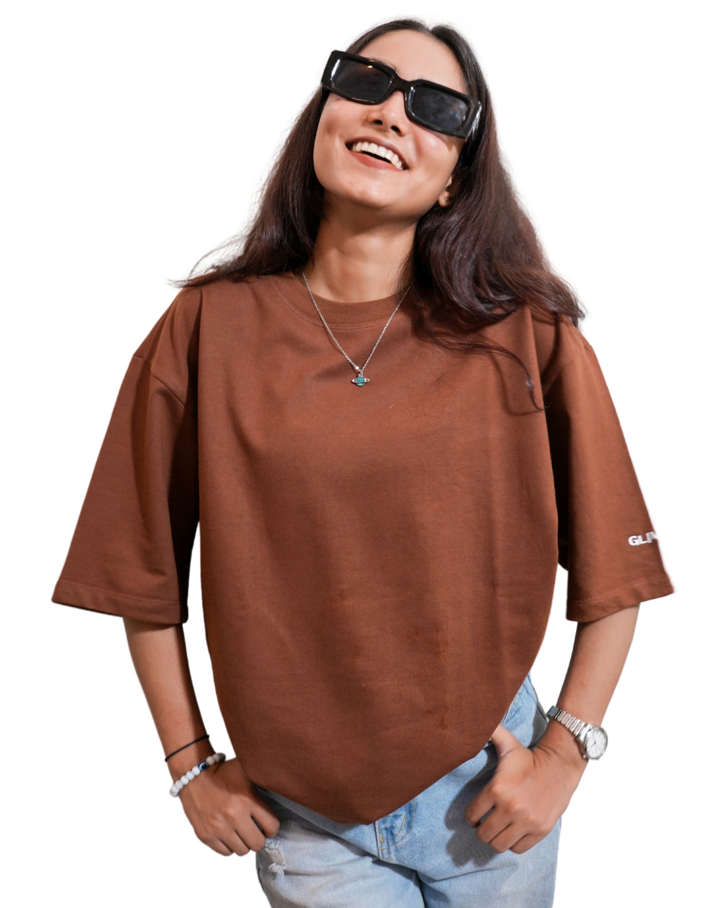 BROWN BLAZE: Glimzen Premium Oversized Tee Chocolate Brown