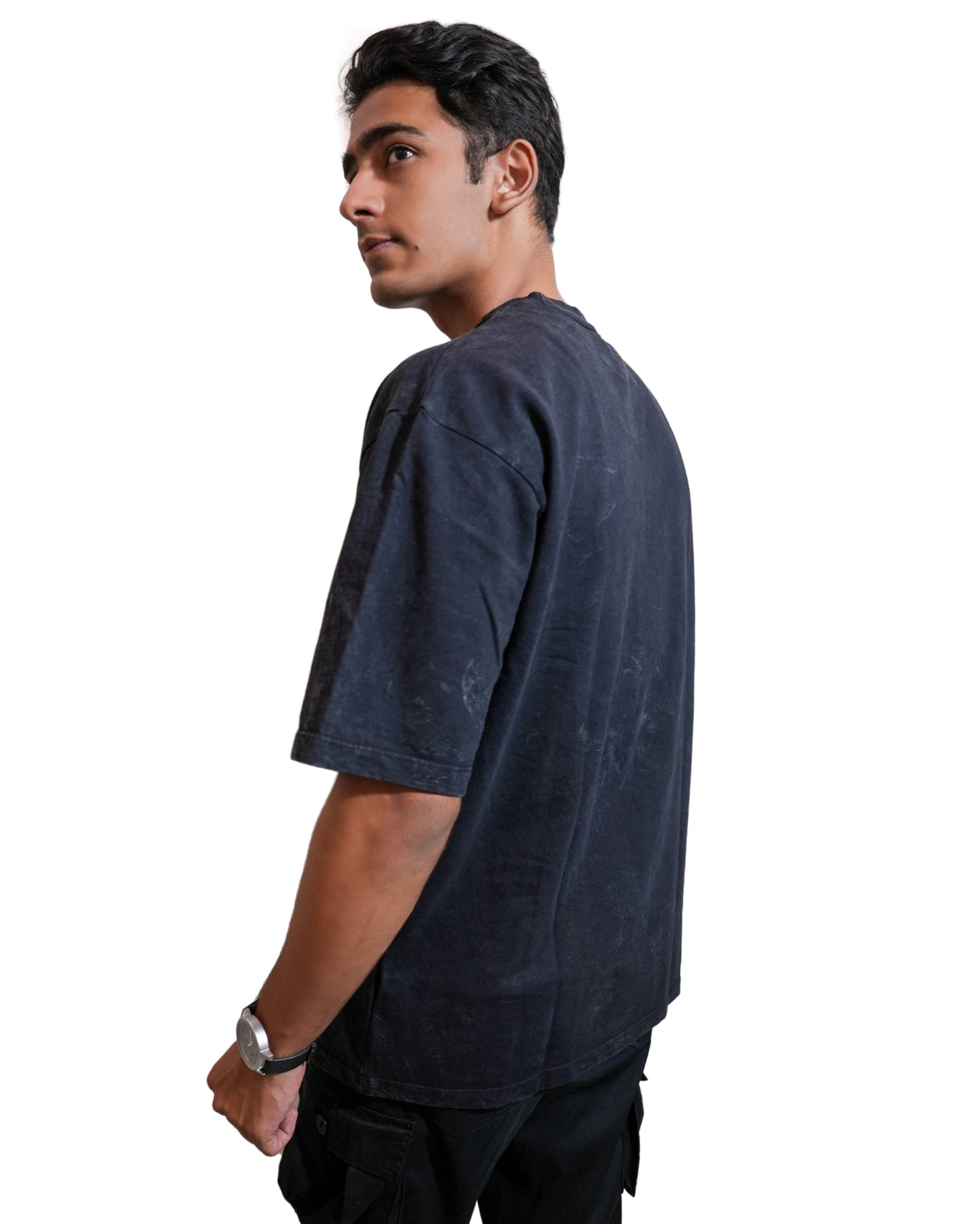 REBORN BLACK: Glimzen Premium Oversized Tee Acid-Washed Black