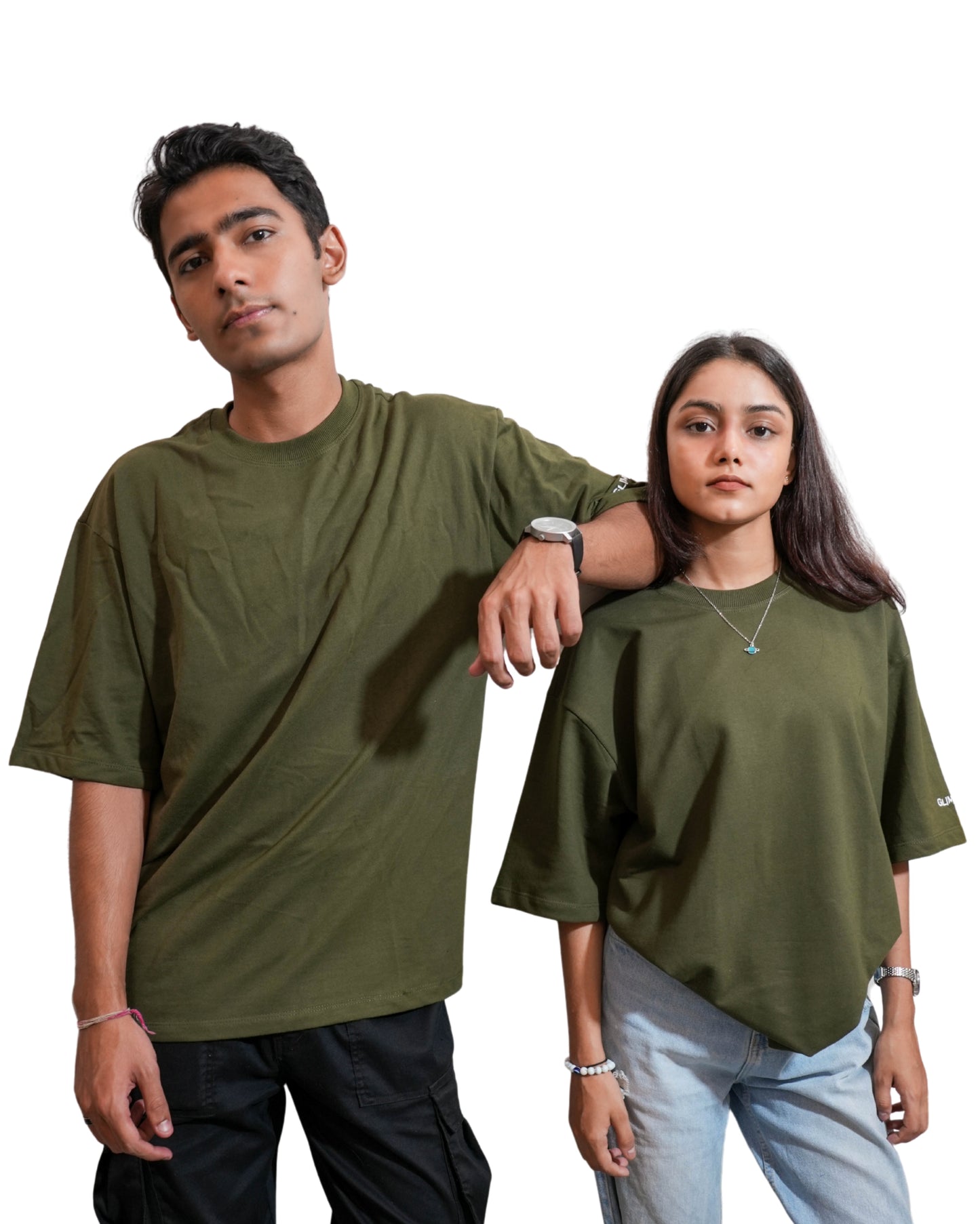 FOREST FADE: Glimzen Premium Oversized Tee Olive Green