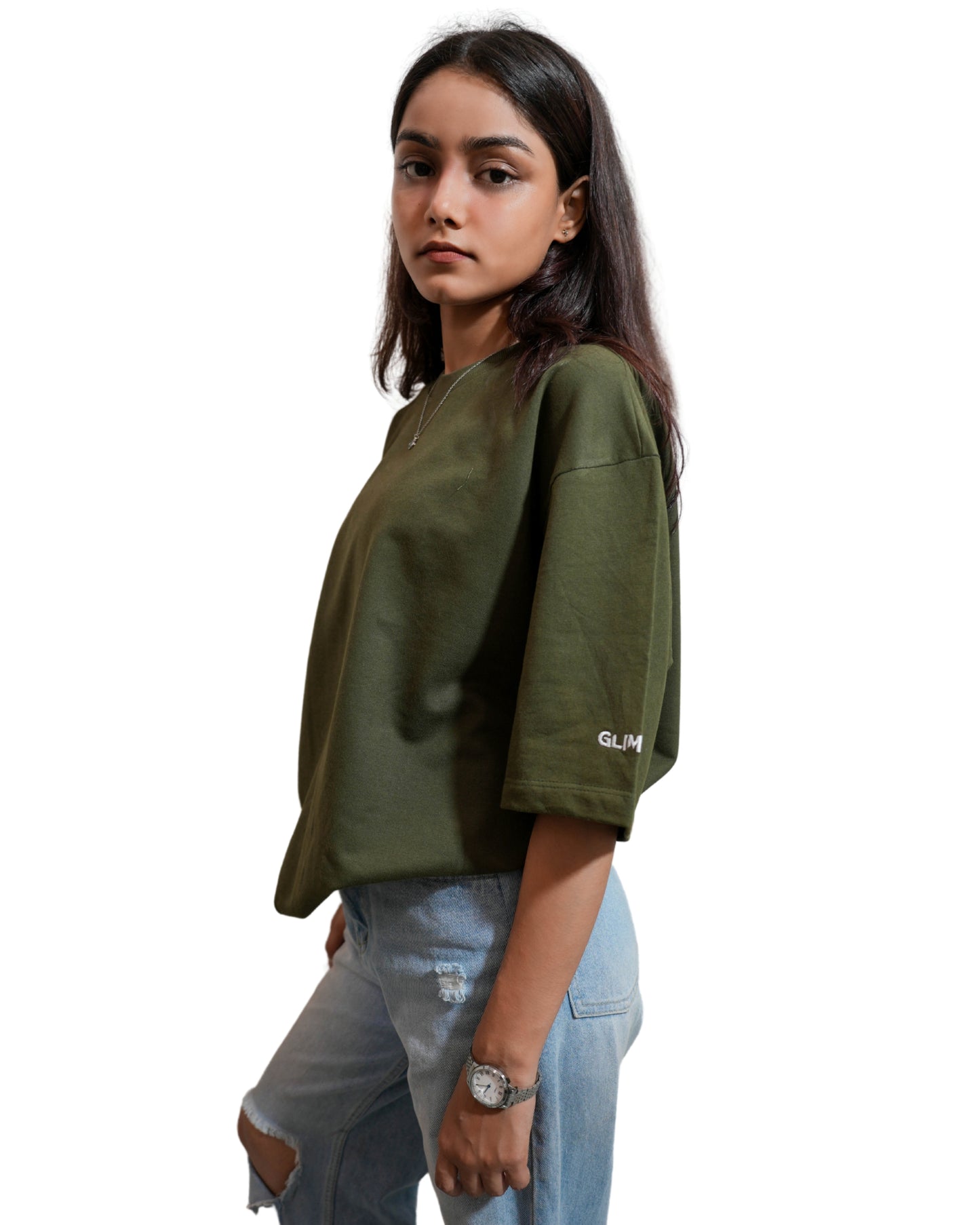 FOREST FADE: Glimzen Premium Oversized Tee Olive Green