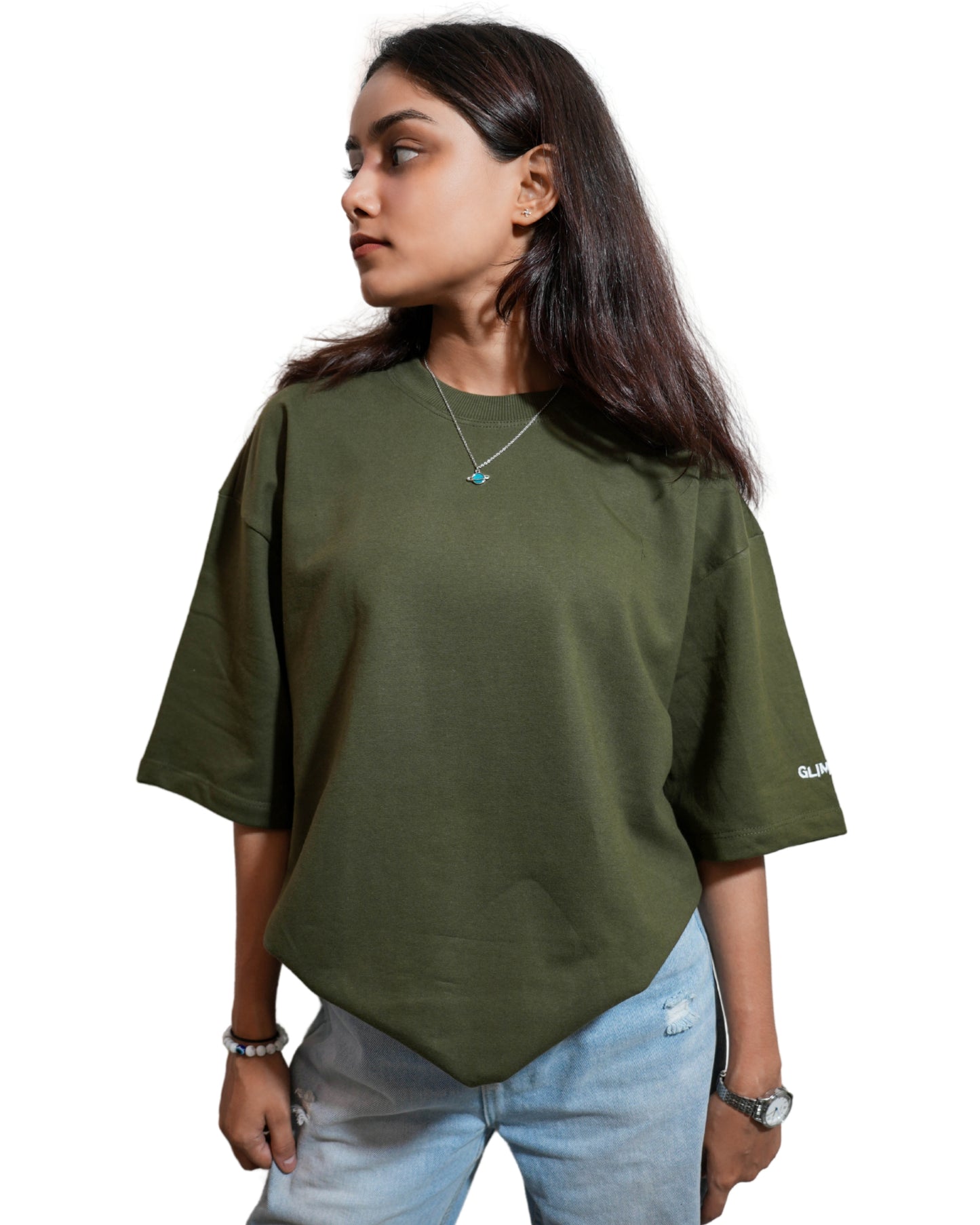 FOREST FADE: Glimzen Premium Oversized Tee Olive Green