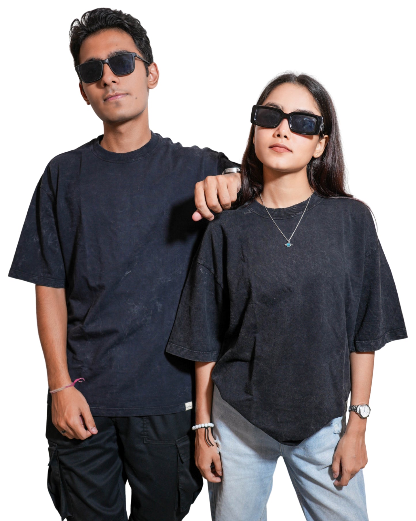 REBORN BLACK: Glimzen Premium Oversized Tee Acid-Washed Black