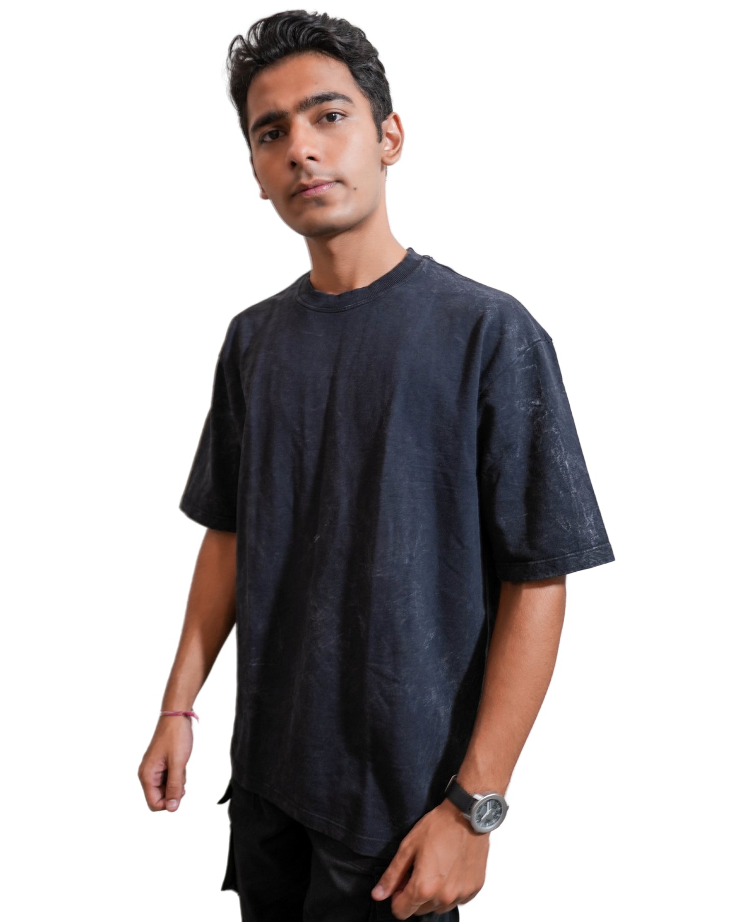 REBORN BLACK: Glimzen Premium Oversized Tee Acid-Washed Black