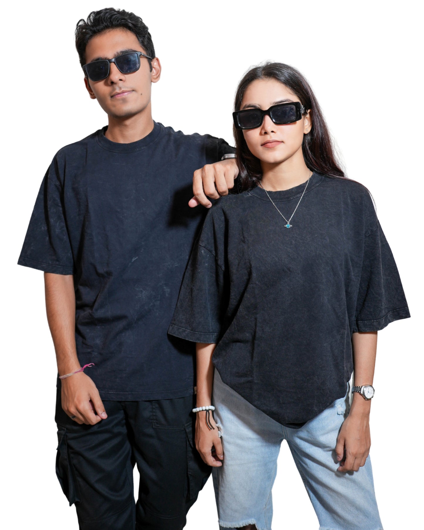REBORN BLACK: Glimzen Premium Oversized Tee Acid-Washed Black