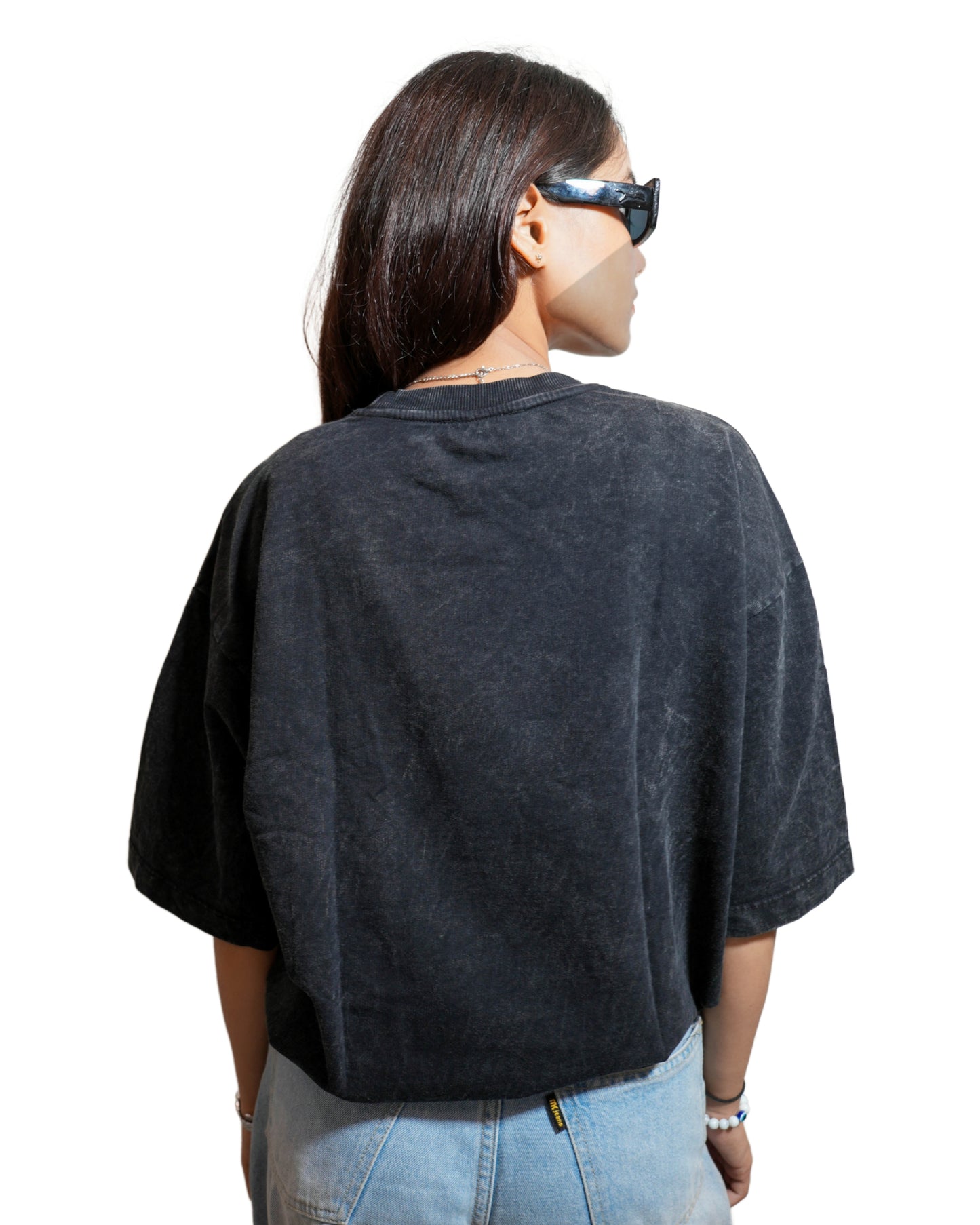 REBORN BLACK: Glimzen Premium Oversized Tee Acid-Washed Black